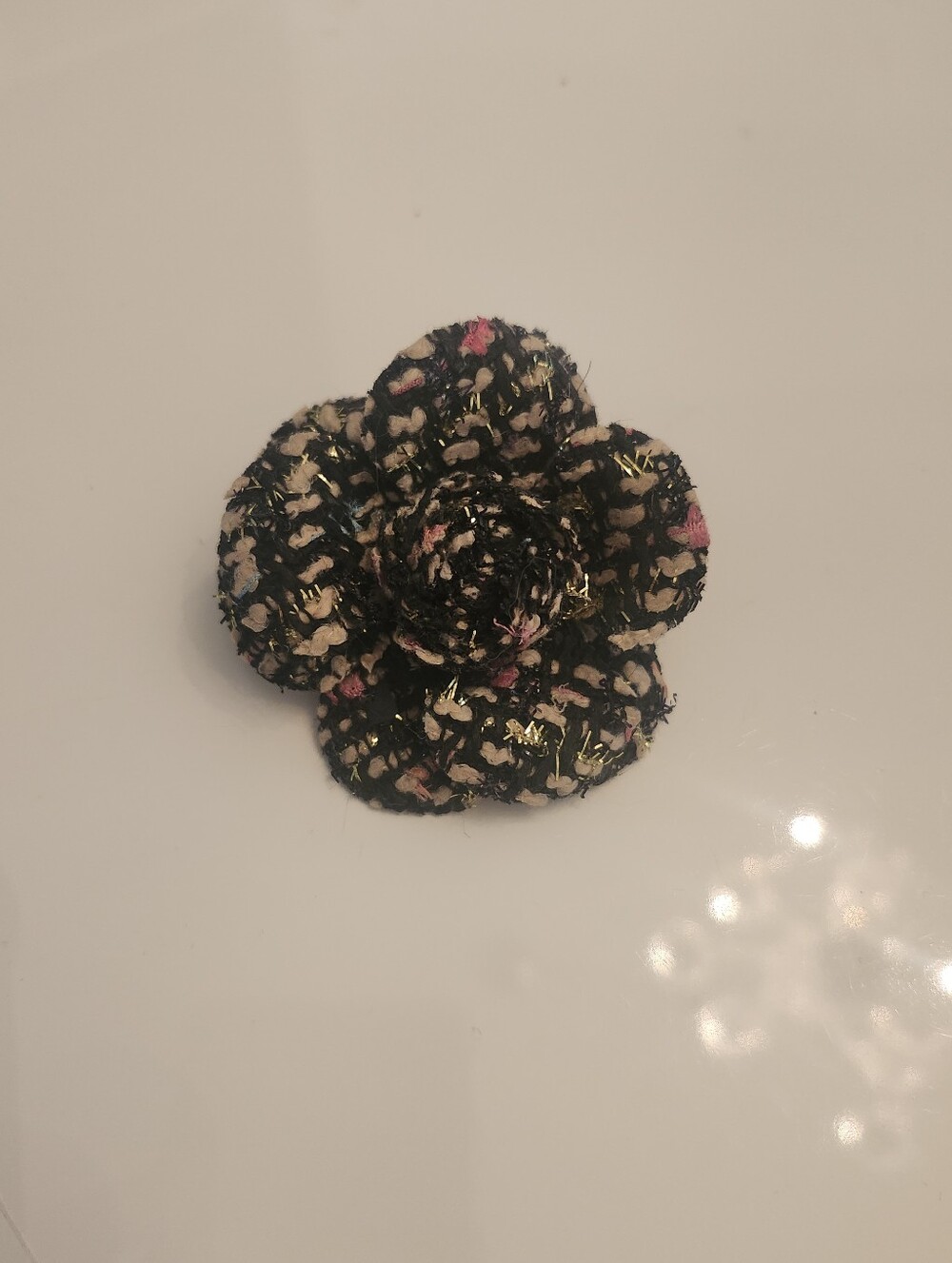 Vintage Colorful Black Tweed Camellia Brooch